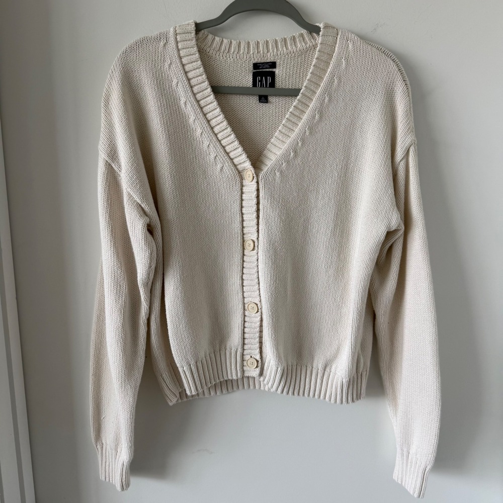 GAP Cotton Linen V-Neck button front Cardigan Sweater Birch Cream Large Tall